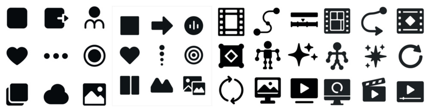 Multimedia solid icons set – silhouette, interface, design and video graphics