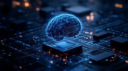 Poster - Abstract futuristic background with a blue glowing brain on dark black cubes and blocks
