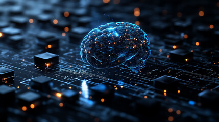 Poster - Abstract futuristic background with a blue glowing brain on dark black cubes and blocks