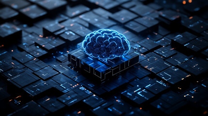 Poster - Abstract futuristic background with a blue glowing brain on dark black cubes and blocks