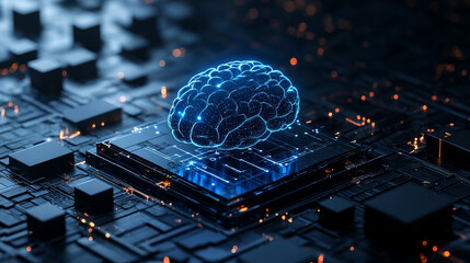 Poster - Abstract futuristic background with a blue glowing brain on dark black cubes and blocks