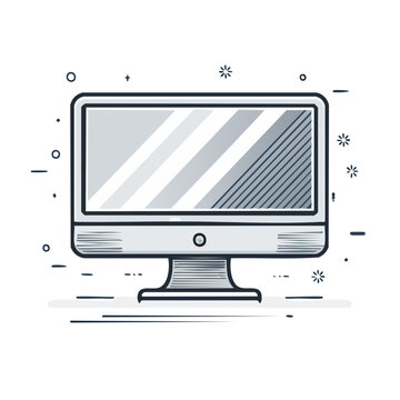 Computer Monitor Icon in Doodle Style on Dark Background with Decorations