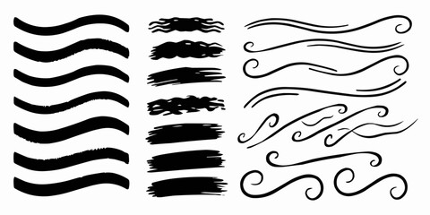 Poster - Collection of varied black brush strokes and decorative swirl lines on a white background design set up