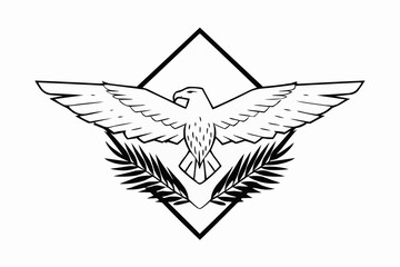 Poster - Illustration of an eagle with outstretched wings above palm fronds inside a diamond shape outline design