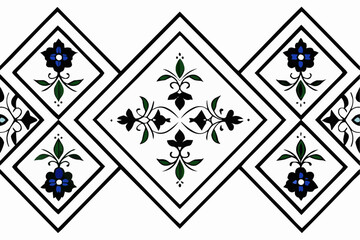 Poster - Floral pattern in square tiles with black outlines and white background, symmetrical design element