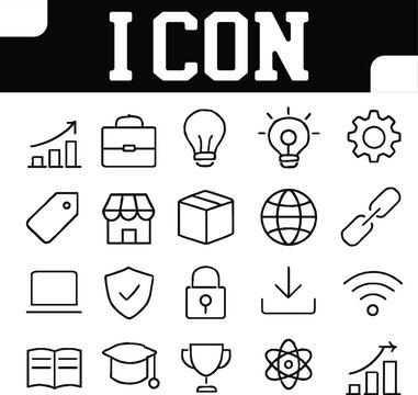 Collection of Business and Technology Icons in Black and White Outline Style