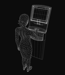 Poster - A 3D wireframe model of a young woman in a dress interacts with an ATM terminal on a black background. Her hands are placed on the machine as if engaged in a digital transaction or game.