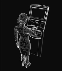 Poster - A young woman stands in front of an ATM machine. The dark background highlights her silhouette and the glowing terminal.