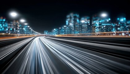 Poster - Futuristic Cityscape with Blurry Roads, Fast Information Streams, and Modern Tech Night Sky