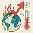 © Narjis - Climate change awareness vector with melting earth CO2 emissions thermometer rising temperature and global warming effects