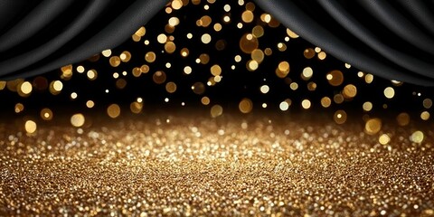 Poster - Elegant Gold Bokeh Curtain Background with Dark Stage Lights for Advertising and Presentations