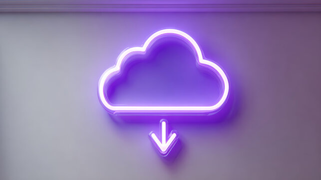 Glowing neon cloud with a downward arrow symbolizing data download.