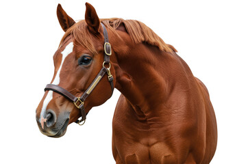 a beautiful chestnut horse with a white blaze stands gracefully against a