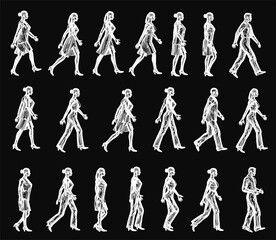Poster - A set of white outline depicts a woman walking in various poses against a black background. The clean contours highlight movement and form with striking contrast.
