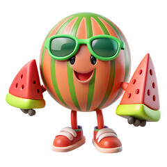 Poster - A happy 3d watermelon character with sunglasses holding watermelon slices isolated on transparent background