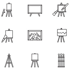 Poster - Collection of monochrome line art icons depicting art easels and painting supplies