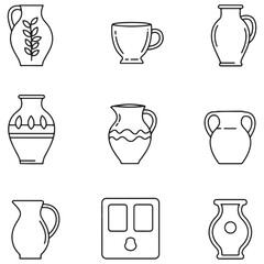 Leinwandbilder - Collection of simple black and white outline illustrations of various ceramic vases and a cup