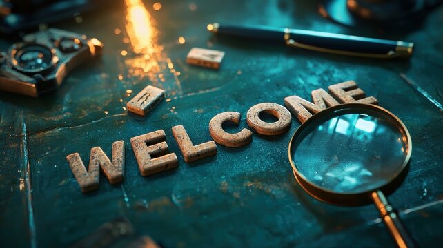 Conceptual Welcome Message with Magnifying Glass and Vintage Objects conceptual vintage greeting pen