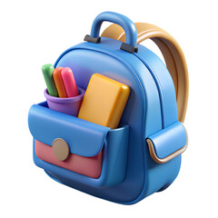 Poster - A delightful 3d cartoon backpack with stationery on a transparent background
