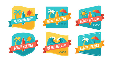 Poster - A cheerful collection of six vibrant beach holiday badges, each uniquely designed with tropical elements, perfect for summer promotions and travel-themed projects.