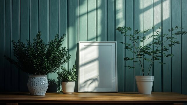 Cozy living room mockup featuring white poster frame, ornamental plants, and bright modern decor