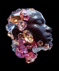 Aufkleber - Sculptural head adorned with colorful crystal formations against a dark background