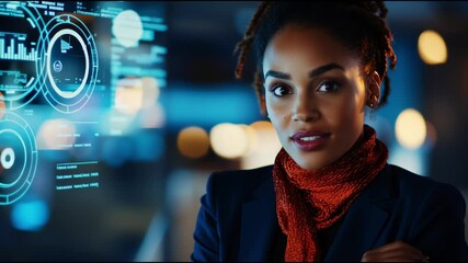 Poster - Woman engages with digital technology in modern workspace during evening hours