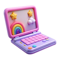 Poster - A cute pink and purple cartoon laptop with rainbow and stars on the screen isolated on transparent background