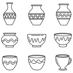 Aufkleber - Outlined vector illustration of assorted pottery vases bowls and a cup for design elements