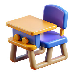 Poster - A colorful 3d rendering of a childs school desk and chair on white isolated on transparent background