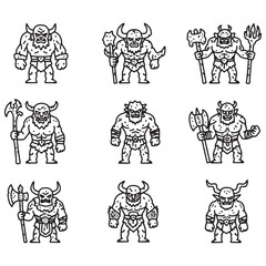 Poster - Set of cartoonish viking monsters in black and white vector illustration for design projects