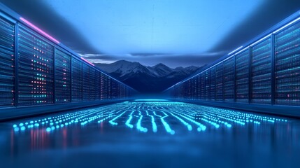 Poster - Servers Hosting Networked Technology with Mountain Background in a Global IT Data Cloud Setup