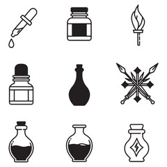 Poster - Set of vector icons representing alchemy elements including bottles flasks and droppers for designs