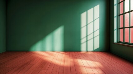 Poster - Bright and Serene Minimalist Green Room Interior with Wooden Floor and Sunlight Creating Ambiance