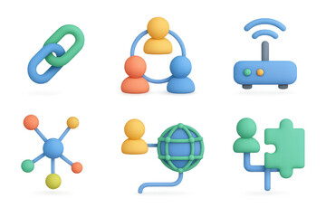 Poster - Colorful neon technology icons featuring connections and networking with 3d glow effect