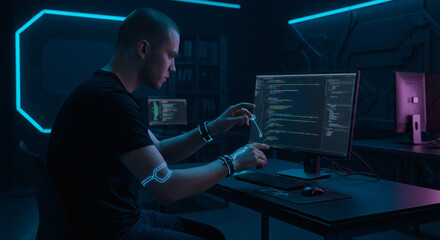 a skilled software developer coding on a futuristic computer system with a holographic interface in 