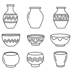 Aufkleber - Simple black and white outlined illustration of various pottery vessels and bowls