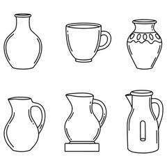 Poster - Simple black and white outlined illustrations of various pottery and drinkware vessels