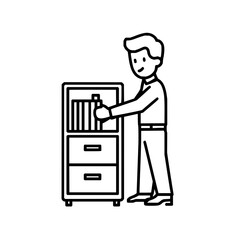 Fototapete - A man in outline style is pulling a book from a filing cabinet with drawers in a simple illustration