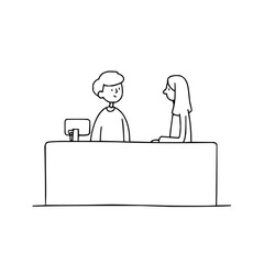 Fototapete - Illustration of a man behind a counter with a monitor talking to a woman in a minimalist style drawing