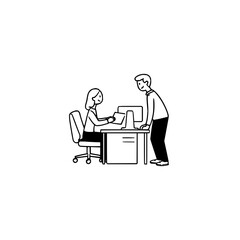 Fototapete - A woman sitting at a desk with a computer and paper while a man stands beside the desk in monochrome style