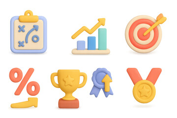 Poster - Glowing 3d strategy icons: chart, target, trophy, and awards