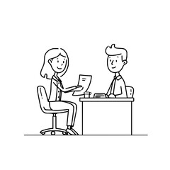 Fototapete - Woman presents document to man at desk in black and white line art illustration style with simple details
