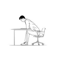 Fototapete - Illustration of a man with glasses sitting at a desk with a laptop in a white background drawing style