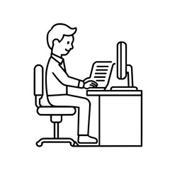 Fototapete - Man sitting at desk with computer and papers in a line drawing style isolated on a white background
