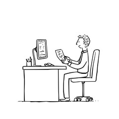 Fototapete - A sketch of a man sitting at a desk with a computer and papers in an office setting with a chair and desk