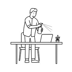 Fototapete - Man spraying cleaner on laptop at desk with plant and chair in black and white outline drawing style