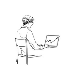 Fototapete - A person sitting on a chair with a laptop displaying a graph in a line art style illustration view