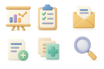 Poster - Colorful 3d business icons set with charts, documents, and email graphics