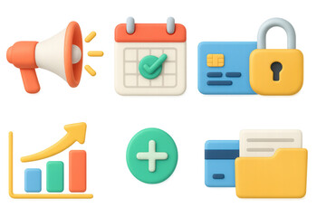 Poster - Colorful 3d icons of business elements with graphs, calendar, and security